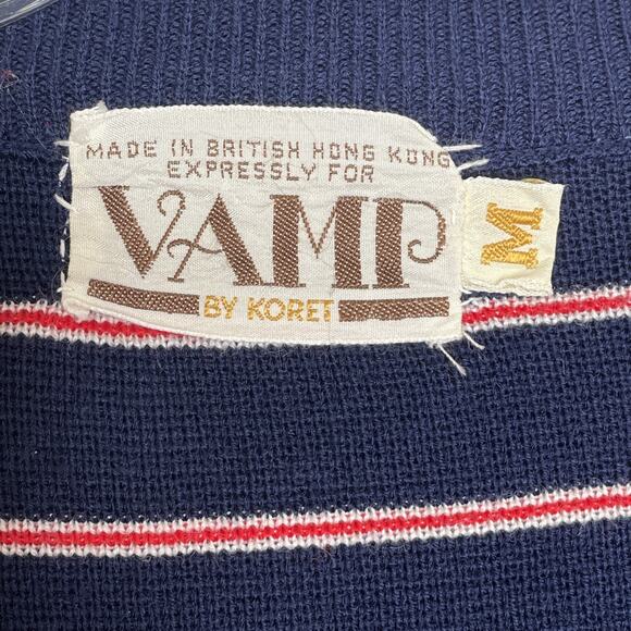 VTG VAMP by Koret size M Knit SWEATER V-Neck Button up 3/4 Sleeves Striped BLUE - Picture 5 of 16